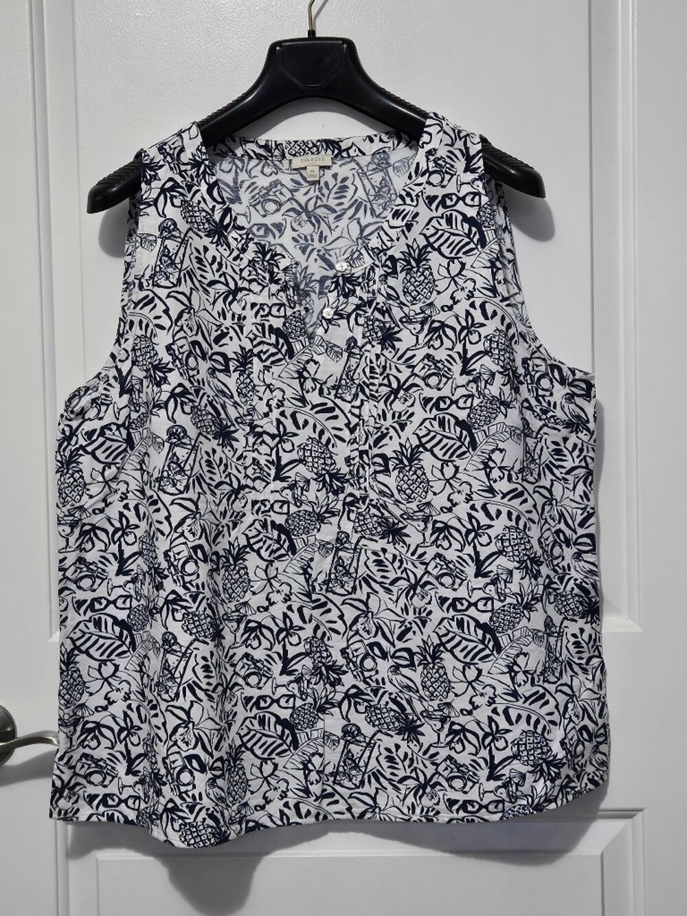 Talbots XL Navy White Linen Blend Tropical Pineapple Vacation Tank